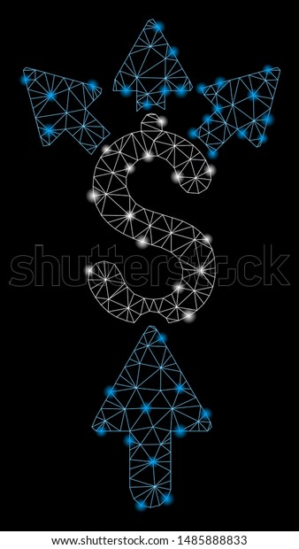 Flare
mesh share payment with glitter effect. Abstract illuminated model
of share payment icon. Shiny wire frame triangular mesh share
payment. Vector abstraction on a black
background.