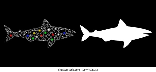 Flare mesh shark icon with glitter effect. Abstract illuminated model of shark. Shiny wire frame triangular mesh shark icon. Vector abstraction on a black background.