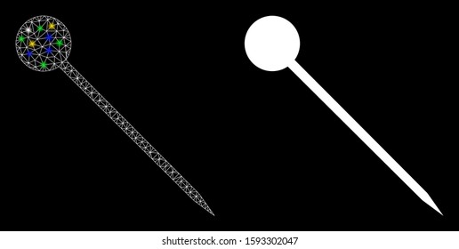 Flare mesh sharp pin icon with glow effect. Abstract illuminated model of sharp pin. Shiny wire carcass triangular mesh sharp pin icon. Vector abstraction on a black background.