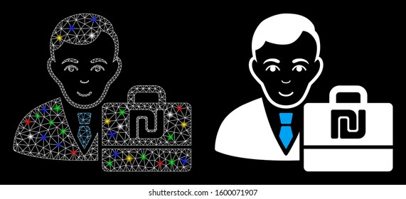 Flare mesh shekel accounter icon with glitter effect. Abstract illuminated model of shekel accounter. Shiny wire carcass polygonal mesh shekel accounter icon. Vector abstraction on a black background.