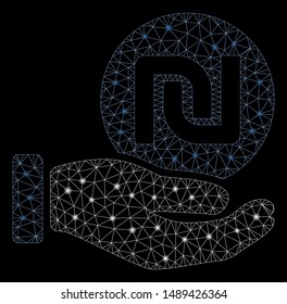 Flare mesh shekel coin payment hand with glare effect. Abstract illuminated model of shekel coin payment hand icon. Shiny wire frame polygonal mesh shekel coin payment hand.