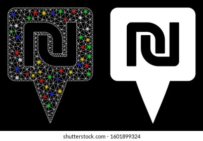 Flare mesh shekel map pointer icon with glare effect. Abstract illuminated model of shekel map pointer. Shiny wire frame triangular network shekel map pointer icon.