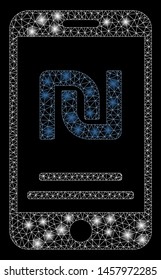 Flare mesh shekel mobile payment with sparkle effect. Abstract illuminated model of shekel mobile payment icon. Shiny wire carcass polygonal mesh shekel mobile payment.