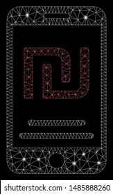 Flare mesh shekel mobile payment with sparkle effect. Abstract illuminated model of shekel mobile payment icon. Shiny wire frame polygonal mesh shekel mobile payment.