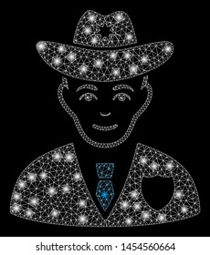 Flare mesh sheriff with glare effect. Abstract illuminated model of sheriff icon. Shiny wire frame polygonal mesh sheriff. Vector abstraction on a black background.
