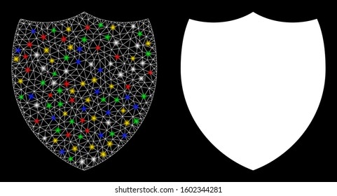 Flare mesh shield icon with glow effect. Abstract illuminated model of shield. Shiny wire frame polygonal mesh shield icon. Vector abstraction on a black background.