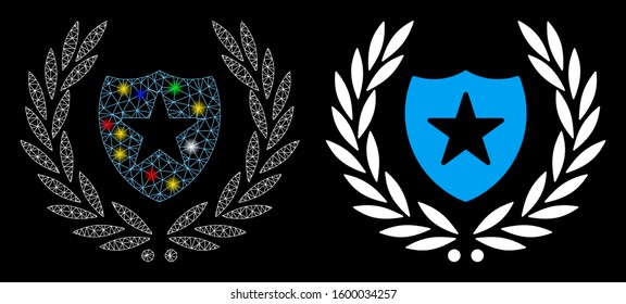 Flare mesh shield laurel wreath icon with glow effect. Abstract illuminated model of shield laurel wreath. Shiny wire carcass triangular mesh shield laurel wreath icon.