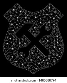 Flare mesh shield options with lightspot effect. Abstract illuminated model of shield options icon. Shiny wire carcass polygonal mesh shield options. Vector abstraction on a black background.