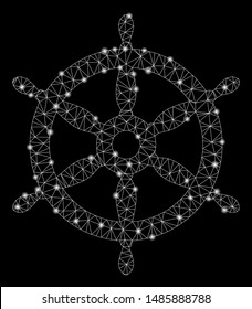 Flare mesh ship wheel with glitter effect. Abstract illuminated model of ship wheel icon. Shiny wire carcass polygonal mesh ship wheel. Vector abstraction on a black background.