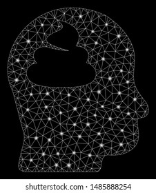 Flare mesh shit brain with glow effect. Abstract illuminated model of shit brain icon. Shiny wire carcass triangular mesh shit brain. Vector abstraction on a black background.