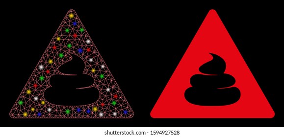 Flare mesh shit danger icon with glare effect. Abstract illuminated model of shit danger. Shiny wire carcass polygonal mesh shit danger icon. Vector abstraction on a black background.