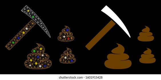 Flare mesh shit mining icon with glitter effect. Abstract illuminated model of shit mining. Shiny wire frame triangular mesh shit mining icon. Vector abstraction on a black background.