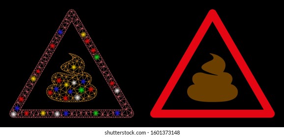 Flare mesh shit warning icon with glow effect. Abstract illuminated model of shit warning. Shiny wire carcass triangular mesh shit warning icon. Vector abstraction on a black background.