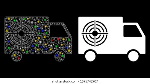 Flare mesh shooting gallery truck icon with glitter effect. Abstract illuminated model of shooting gallery truck. Shiny wire frame polygonal mesh shooting gallery truck icon.