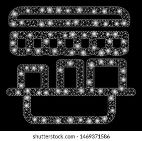 Flare mesh shop with glare effect. Abstract illuminated model of shop icon. Shiny wire carcass triangular network shop. Vector abstraction on a black background.