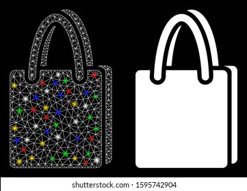 Flare mesh shopping bag icon with lightspot effect. Abstract illuminated model of shopping bag. Shiny wire carcass polygonal mesh shopping bag icon. Vector abstraction on a black background.
