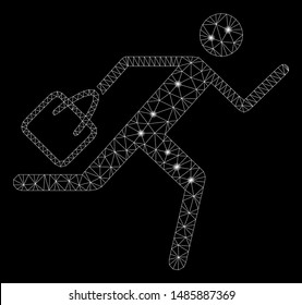 Flare mesh shopping running man with lightspot effect. Abstract illuminated model of shopping running man icon. Shiny wire frame triangular mesh shopping running man.