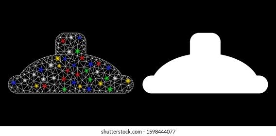 Flare mesh shower head icon with sparkle effect. Abstract illuminated model of shower head. Shiny wire carcass polygonal mesh shower head icon. Vector abstraction on a black background.