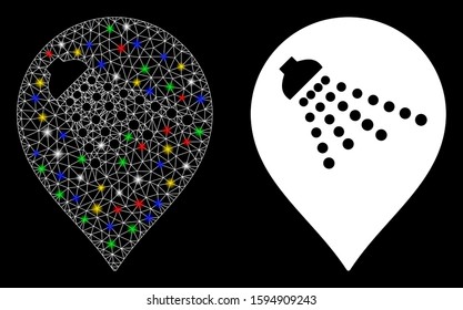 Flare mesh shower map marker icon with sparkle effect. Abstract illuminated model of shower map marker. Shiny wire frame polygonal mesh shower map marker icon.