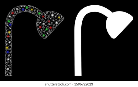 Flare mesh shower pipe icon with sparkle effect. Abstract illuminated model of shower pipe. Shiny wire frame triangular mesh shower pipe icon. Vector abstraction on a black background.