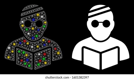Flare mesh sick student icon with glare effect. Abstract illuminated model of sick student. Shiny wire frame triangular mesh sick student icon. Vector abstraction on a black background.
