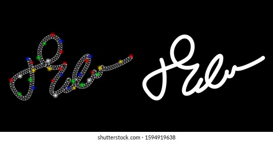 Flare mesh signature icon with lightspot effect. Abstract illuminated model of signature. Shiny wire carcass triangular network signature icon. Vector abstraction on a black background.