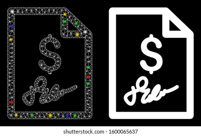 Flare mesh signed bill icon with lightspot effect. Abstract illuminated model of signed bill. Shiny wire frame triangular mesh signed bill icon. Vector abstraction on a black background.
