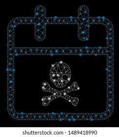 Flare mesh skull deadline day with glare effect. Abstract illuminated model of skull deadline day icon. Shiny wire frame polygonal network skull deadline day. Vector abstraction on a black background.