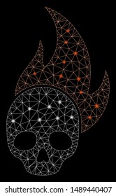Flare mesh skull fire with glitter effect. Abstract illuminated model of skull fire icon. Shiny wire frame polygonal mesh skull fire. Vector abstraction on a black background.