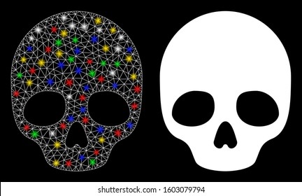 Flare mesh skull icon with sparkle effect. Abstract illuminated model of skull. Shiny wire carcass polygonal mesh skull icon. Vector abstraction on a black background.