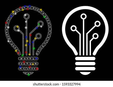 Flare mesh smart bulb icon with glare effect. Abstract illuminated model of smart bulb. Shiny wire carcass triangular mesh smart bulb icon. Vector abstraction on a black background.