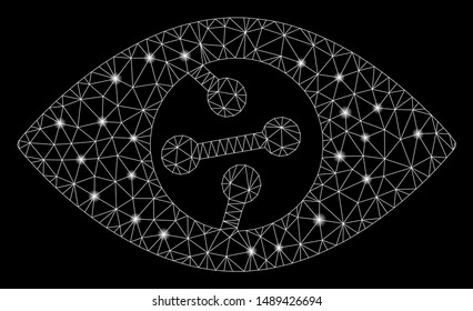 Flare mesh smart contact lens with glow effect. Abstract illuminated model of smart contact lens icon. Shiny wire frame triangular mesh smart contact lens. Vector abstraction on a black background.