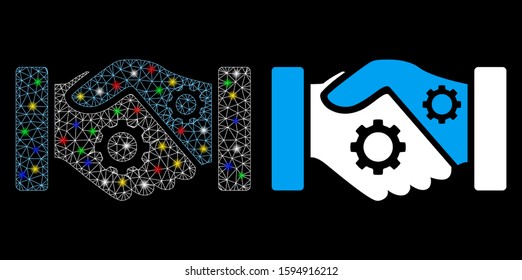 Flare mesh smart contract handshake icon with sparkle effect. Abstract illuminated model of smart contract handshake. Shiny wire frame triangular mesh smart contract handshake icon.