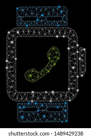 Flare mesh smart watch with lightspot effect. Abstract illuminated model of smart watch icon. Shiny wire carcass triangular mesh smart watch. Vector abstraction on a black background.