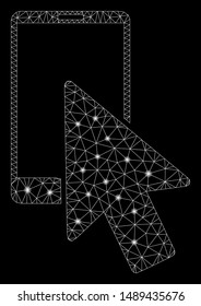 Flare mesh smartphone arrow pointer with glare effect. Abstract illuminated model of smartphone arrow pointer icon. Shiny wire frame triangular mesh smartphone arrow pointer.