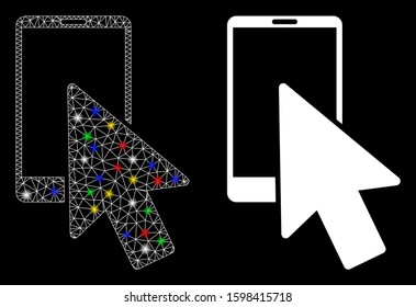 Flare mesh smartphone arrow pointer icon with glare effect. Abstract illuminated model of smartphone arrow pointer. Shiny wire carcass polygonal mesh smartphone arrow pointer icon.