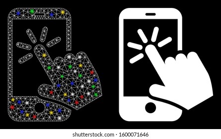 Flare mesh smartphone click icon with glow effect. Abstract illuminated model of smartphone click. Shiny wire frame polygonal network smartphone click icon. Vector abstraction on a black background.