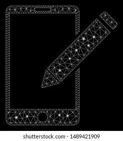 Flare mesh smartphone edit pencil with glare effect. Abstract illuminated model of smartphone edit pencil icon. Shiny wire carcass triangular network smartphone edit pencil.