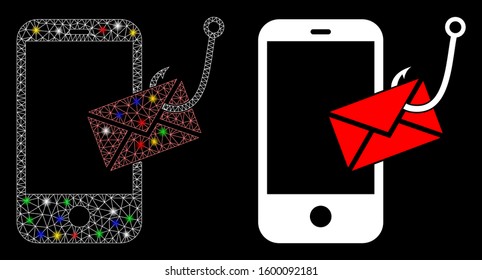 Flare mesh smartphone message phishing icon with glitter effect. Abstract illuminated model of smartphone message phishing. Shiny wire frame polygonal mesh smartphone message phishing icon.