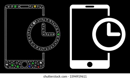 Flare mesh smartphone time icon with glitter effect. Abstract illuminated model of smartphone time. Shiny wire carcass polygonal mesh smartphone time icon. Vector abstraction on a black background.