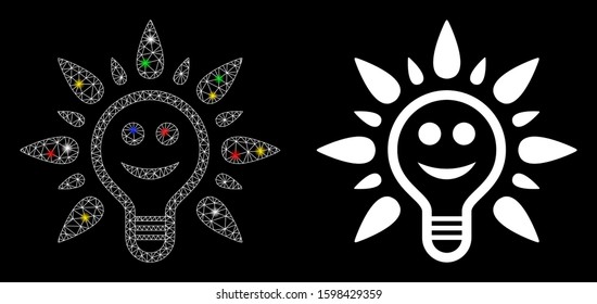 Flare mesh smile light bulb icon with glare effect. Abstract illuminated model of smile light bulb. Shiny wire carcass triangular mesh smile light bulb icon. Vector abstraction on a black background.