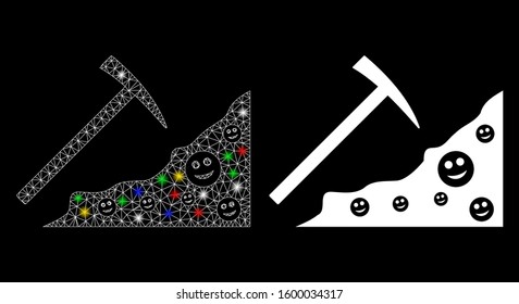 Flare mesh smile mining icon with glare effect. Abstract illuminated model of smile mining. Shiny wire carcass triangular network smile mining icon. Vector abstraction on a black background.
