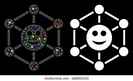 Flare mesh smile network icon with glitter effect. Abstract illuminated model of smile network. Shiny wire frame triangular mesh smile network icon. Vector abstraction on a black background.