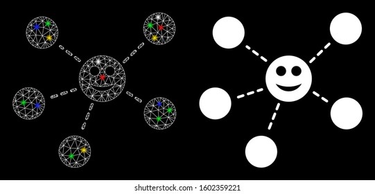 Flare mesh smile network icon with glow effect. Abstract illuminated model of smile network. Shiny wire frame polygonal network smile network icon. Vector abstraction on a black background.