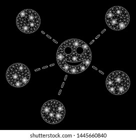 Flare mesh smile network with lightspot effect. Abstract illuminated model of smile network icon. Shiny wire carcass triangular mesh smile network. Vector abstraction on a black background.