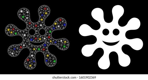 Flare mesh smile virus icon with glare effect. Abstract illuminated model of smile virus. Shiny wire carcass triangular network smile virus icon. Vector abstraction on a black background.