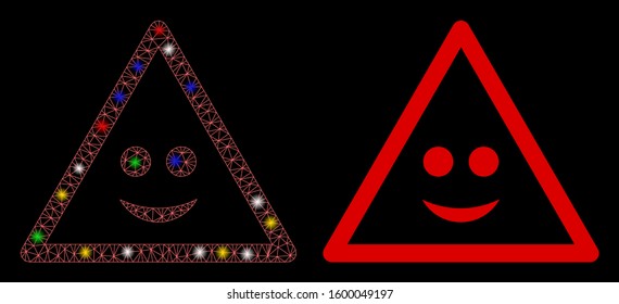 Flare mesh smile warning icon with glow effect. Abstract illuminated model of smile warning. Shiny wire frame polygonal mesh smile warning icon. Vector abstraction on a black background.
