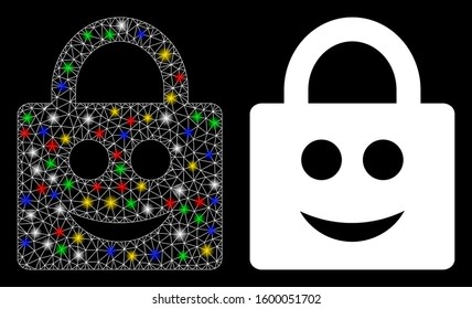 Flare mesh smiled lock icon with sparkle effect. Abstract illuminated model of smiled lock. Shiny wire frame polygonal mesh smiled lock icon. Vector abstraction on a black background.