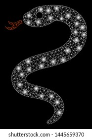 Flare mesh snake with sparkle effect. Abstract illuminated model of snake icon. Shiny wire carcass triangular network snake. Vector abstraction on a black background.