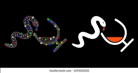 Flare mesh snake toxin icon with glare effect. Abstract illuminated model of snake toxin. Shiny wire frame polygonal mesh snake toxin icon. Vector abstraction on a black background.